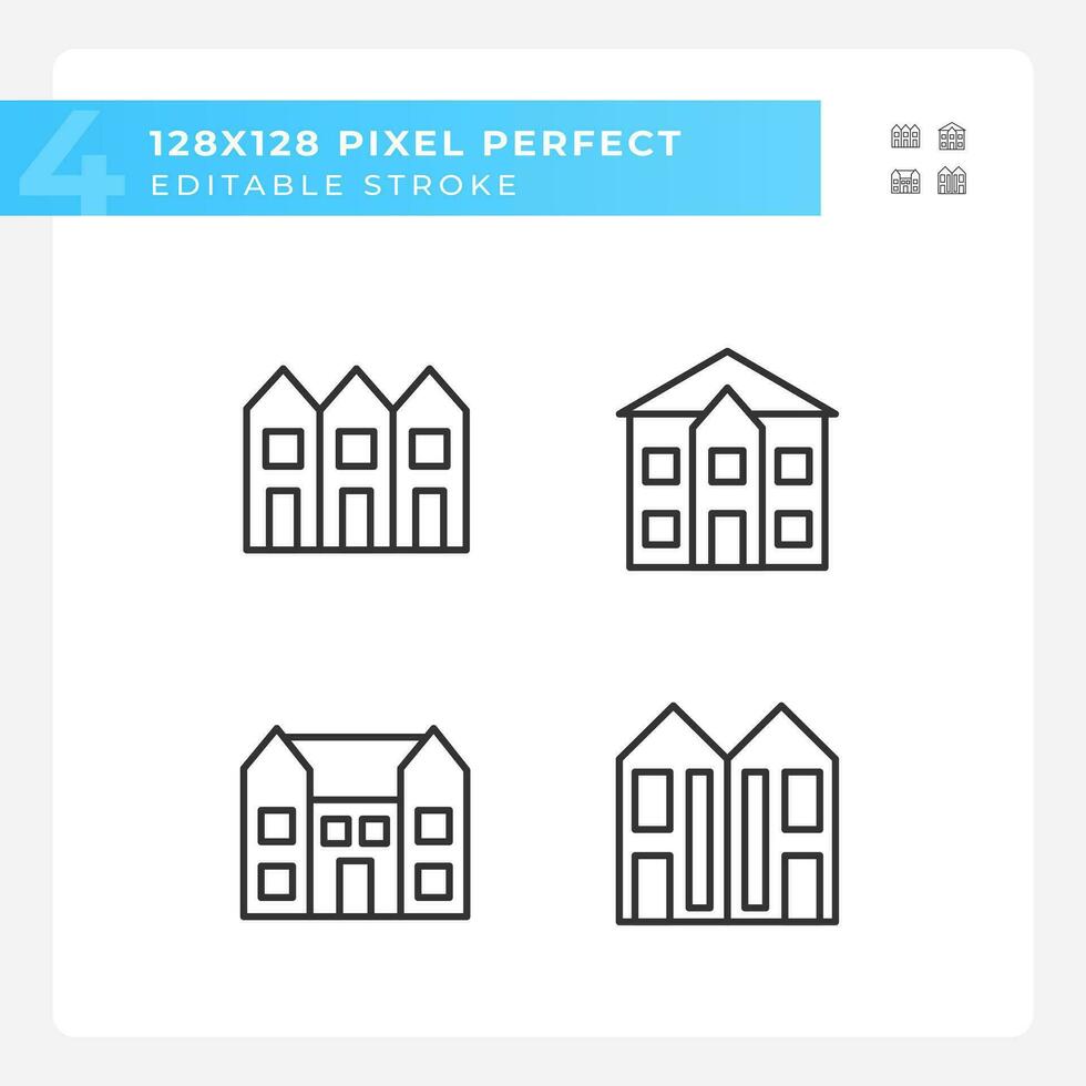 Luxury houses pixel perfect linear icons set. Townhouse and mansion. Single family detached home. Customizable thin line symbols. Isolated vector outline illustrations. Editable stroke