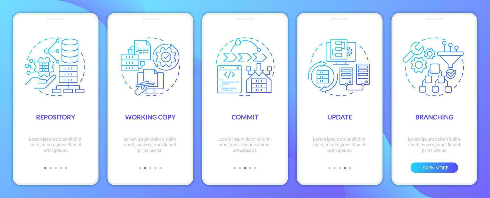 Source control concepts blue gradient onboarding mobile app screen. Code walkthrough 5 steps graphic instructions with linear concepts. UI, UX, GUI templated vector