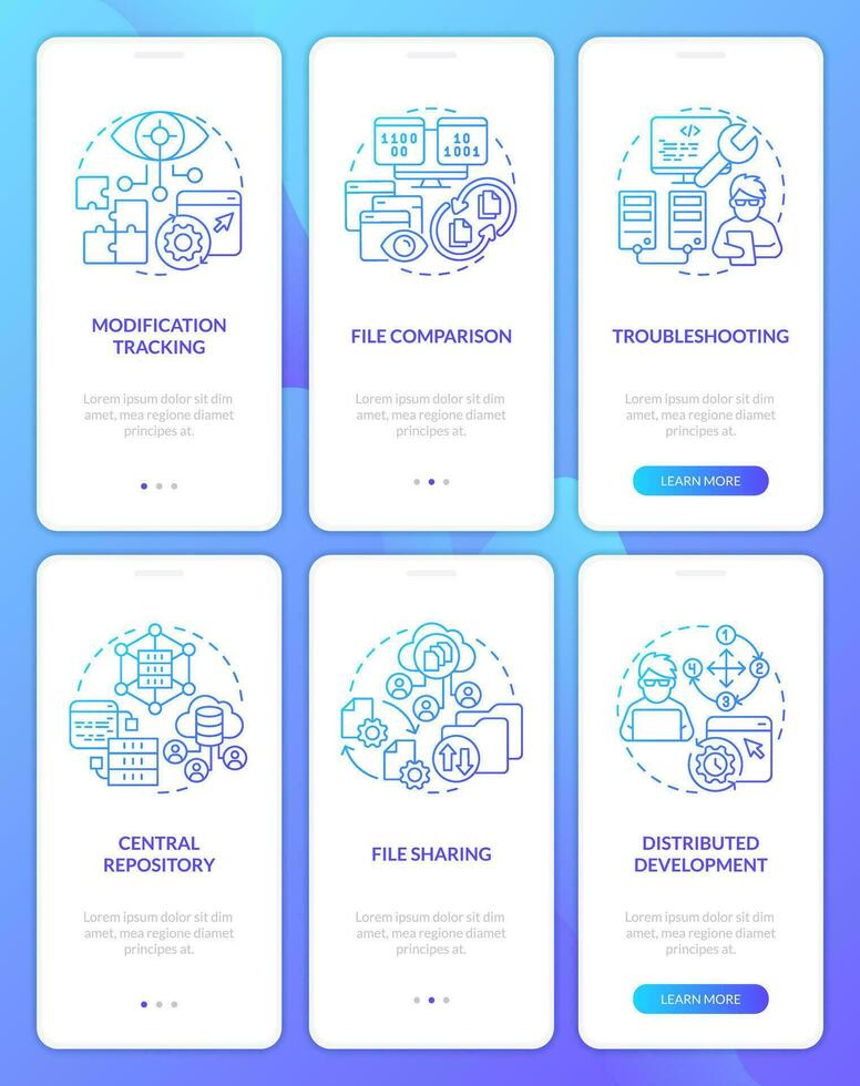 Version control system blue gradient onboarding mobile app screens set. Walkthrough 3 steps graphic instructions with linear concepts. UI, UX, GUI templated vector