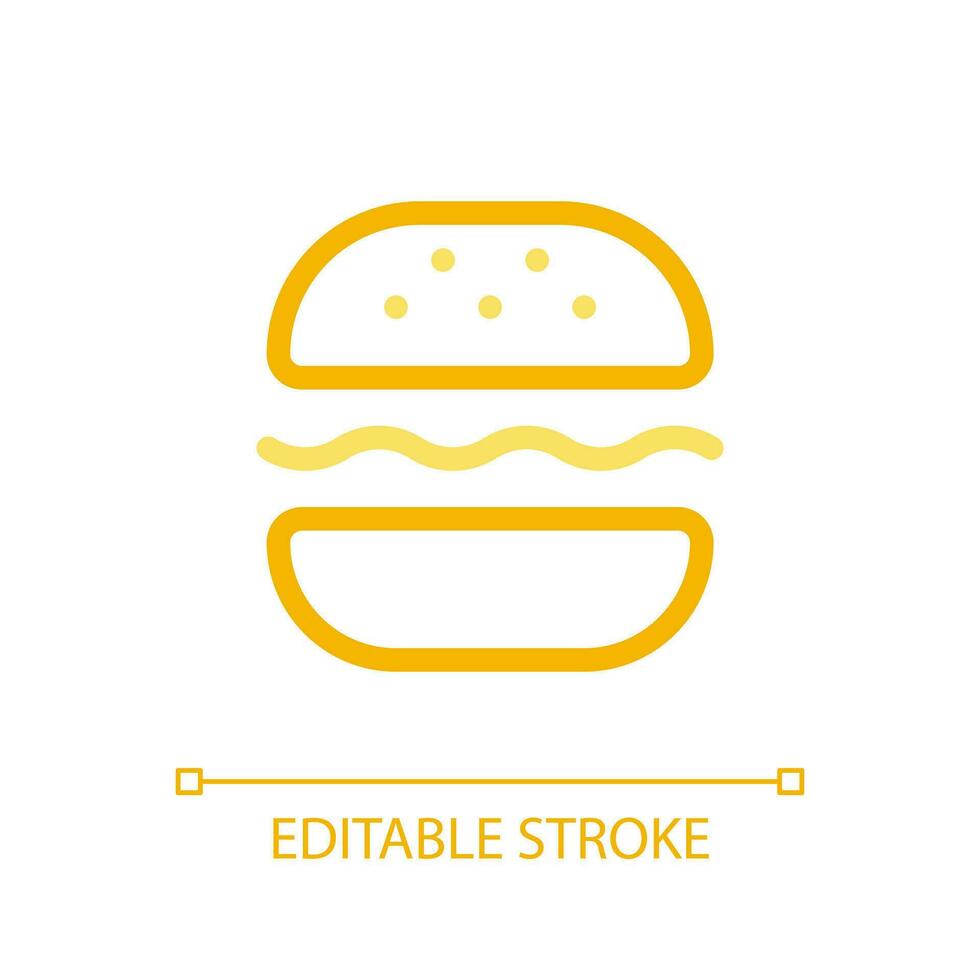 Burger pixel perfect color linear ui icon. Substantial meal. Fast food lunch. Grill hamburger. Sandwich. GUI, UX design. Outline isolated user interface pictogram. Editable stroke vector
