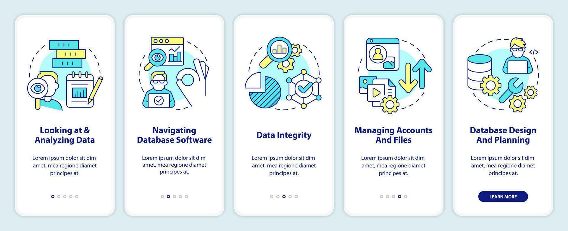 Data management skills onboarding mobile app screen. Analytics expert walkthrough 5 steps editable graphic instructions with linear concepts. UI, UX, GUI templated vector