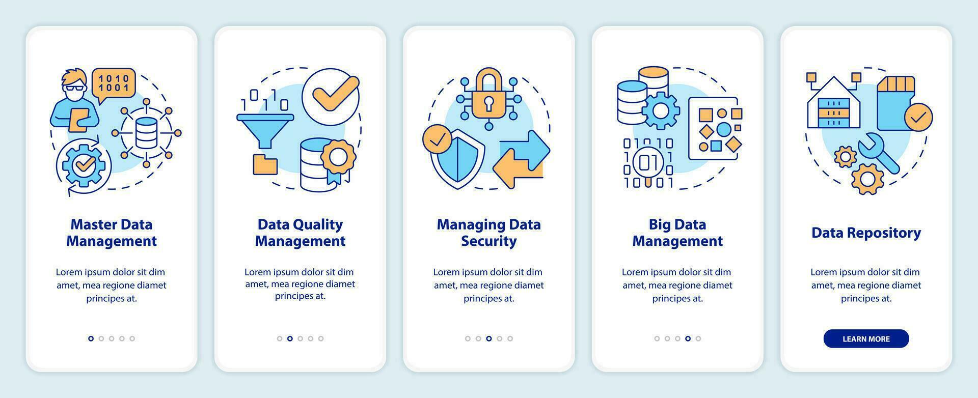 Types of data management onboarding mobile app screen. Information walkthrough 5 steps editable graphic instructions with linear concepts. UI, UX, GUI templated vector