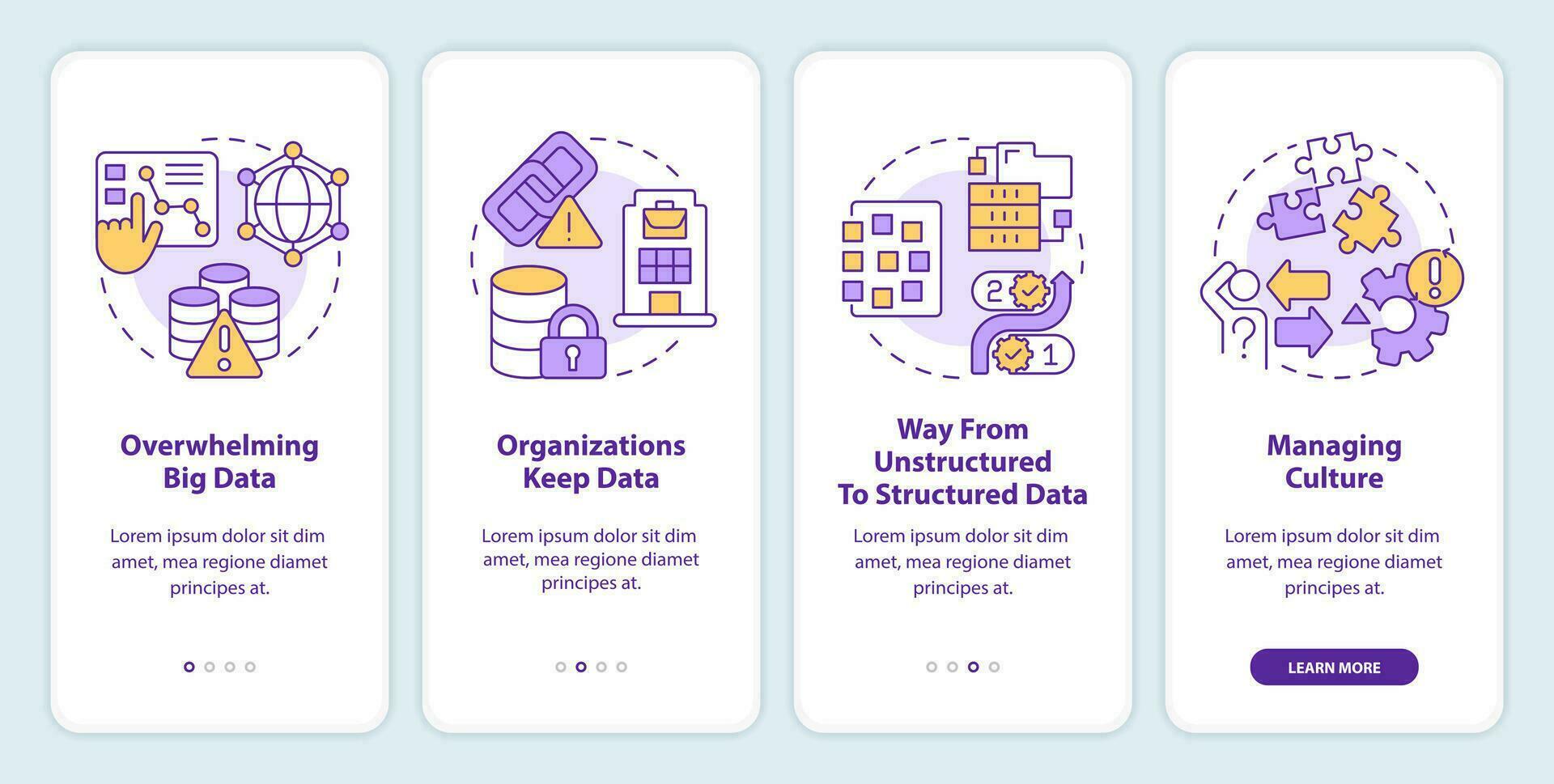 Data management challenges onboarding mobile app screen. Information walkthrough 4 steps editable graphic instructions with linear concepts. UI, UX, GUI templated vector