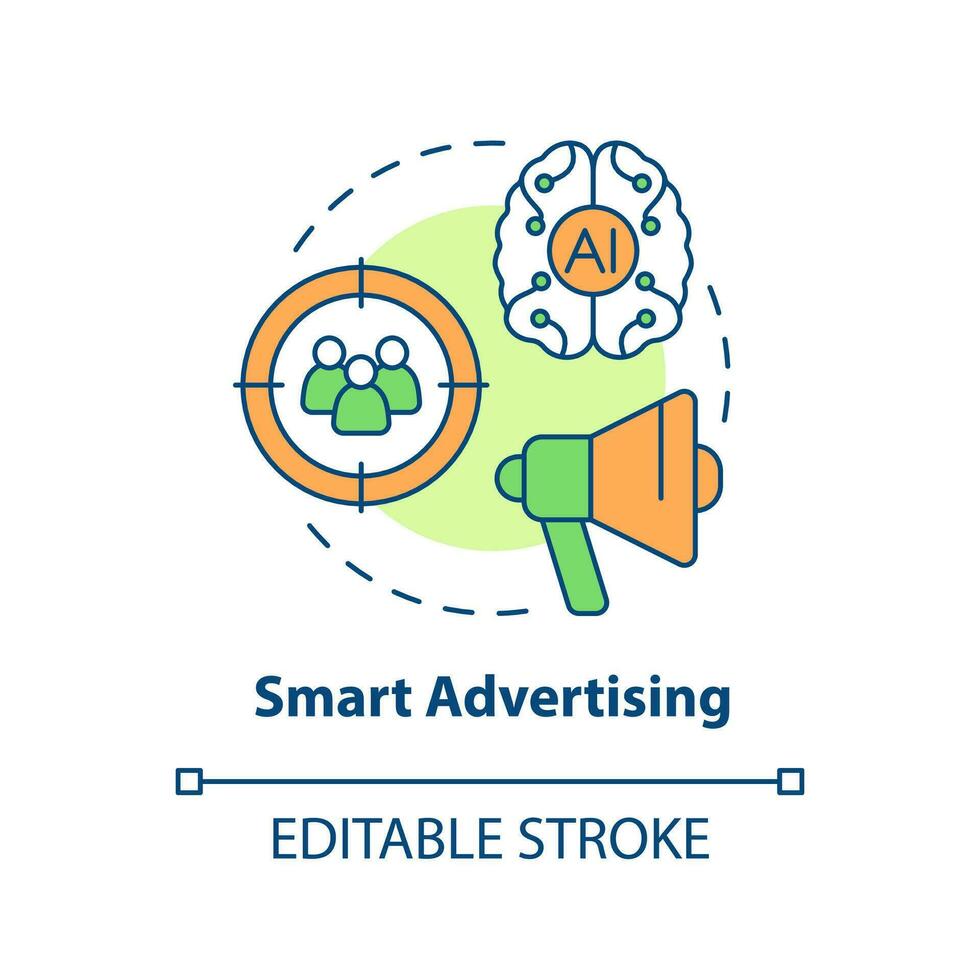 Smart advertising concept icon. Artificial intelligence. Digital marketing abstract idea thin line illustration. Isolated outline drawing. Editable stroke vector