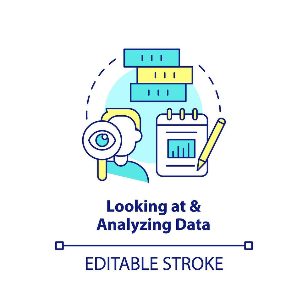 Looking at and analyzing data concept icon. Business intelligence. Analytics skills abstract idea thin line illustration. Isolated outline drawing. Editable stroke vector