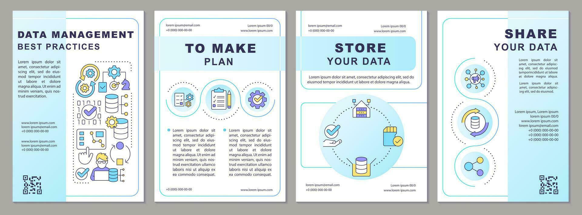 Data governance best practices blue brochure template. Leaflet design with linear icons. Editable 4 vector layouts for presentation, annual reports