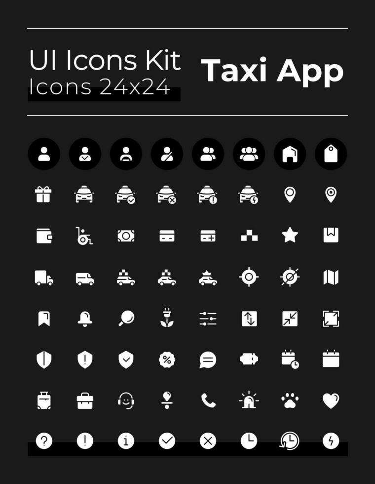 Taxi service white glyph ui icons set for dark mode. Silhouette symbols on black background. Solid pictograms for web, mobile. Vector isolated illustrations