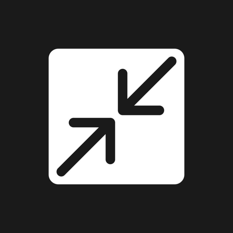 Screen minimizing dark mode glyph ui icon. Digital technology. User interface design. White silhouette symbol on black space. Solid pictogram for web, mobile. Vector isolated illustration
