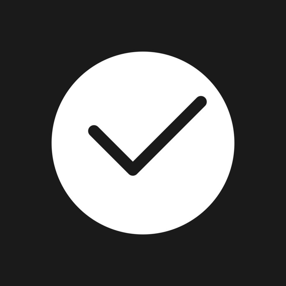 Tick in circle dark mode glyph ui icon. Approval checkmark symbol. User interface design. White silhouette symbol on black space. Solid pictogram for web, mobile. Vector isolated illustration