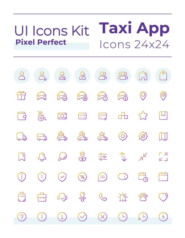 Taxi service pixel perfect gradient linear ui icons set. Urban vehicle order. Line contour user interface symbols. Vector isolated outline illustrations