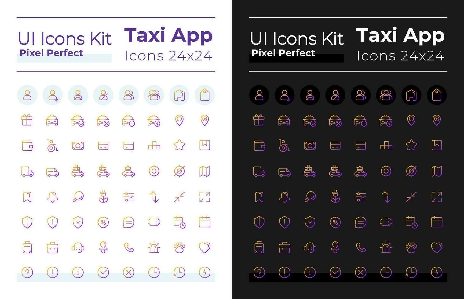 Taxi service pixel perfect gradient linear ui icons set for dark, light mode. Line contour user interface symbols. Vector isolated outline illustrations