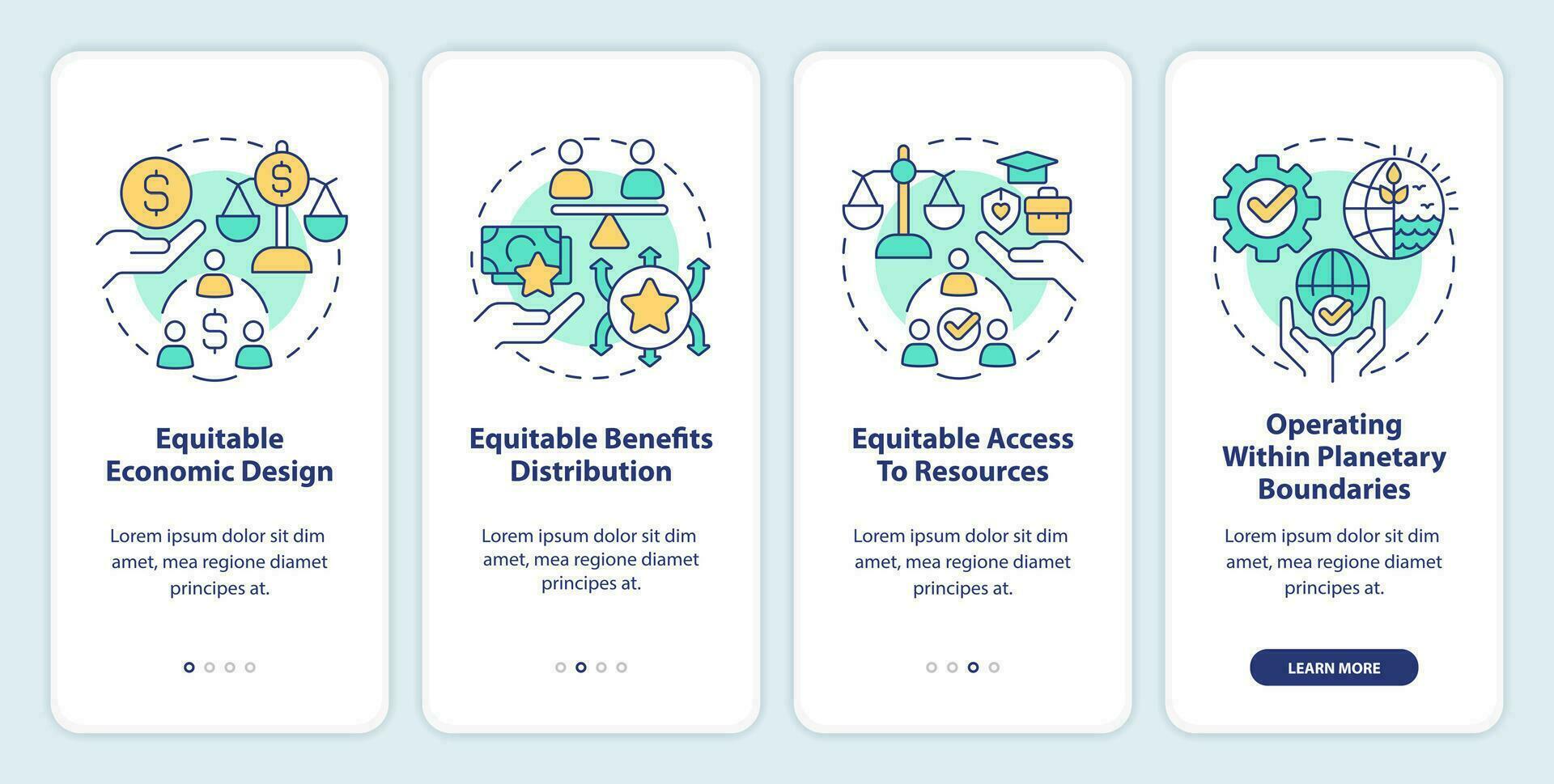 Attributes of inclusive economy onboarding mobile app screen. Walkthrough 4 steps editable graphic instructions with linear concepts. UI, UX, GUI templated vector