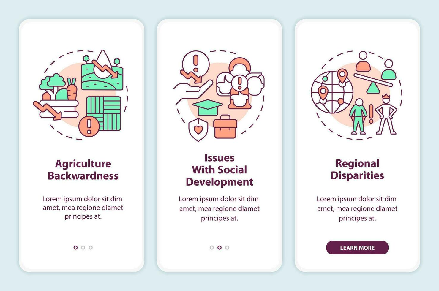 Challenges in achieving inclusive growth onboarding mobile app screen. Walkthrough 3 steps editable graphic instructions with linear concepts. UI, UX, GUI templated vector