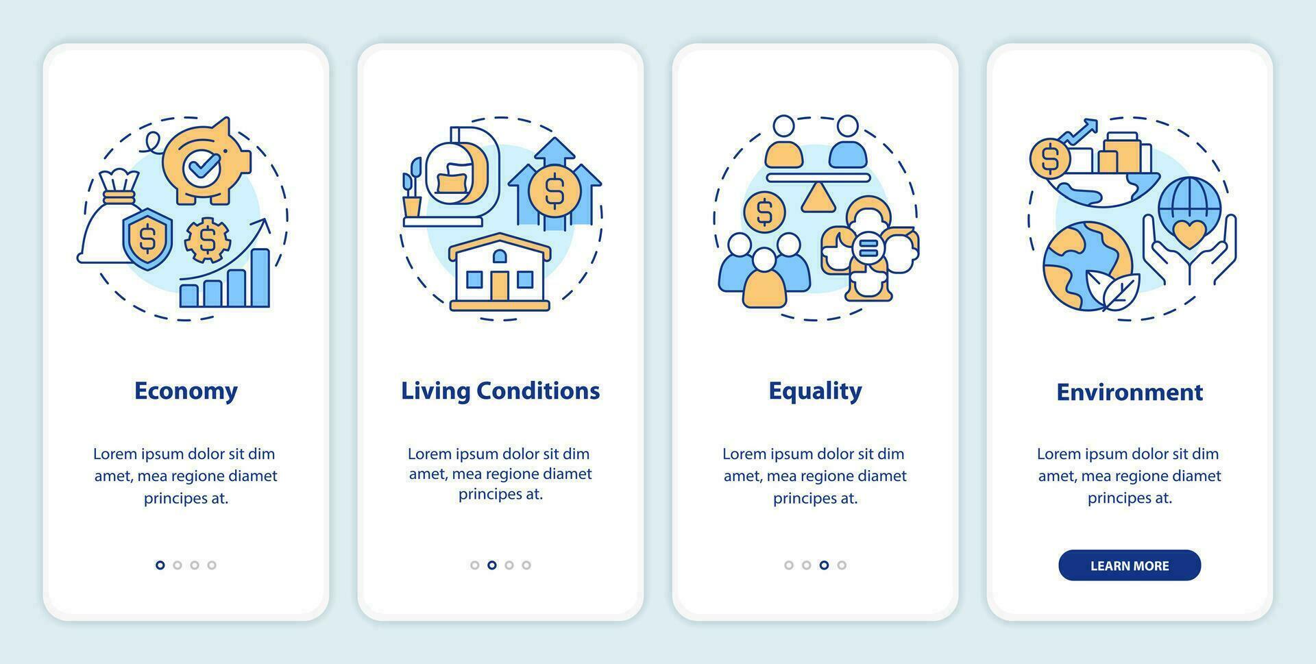 Pillars of inclusive growth index onboarding mobile app screen. Walkthrough 4 steps editable graphic instructions with linear concepts. UI, UX, GUI templated vector