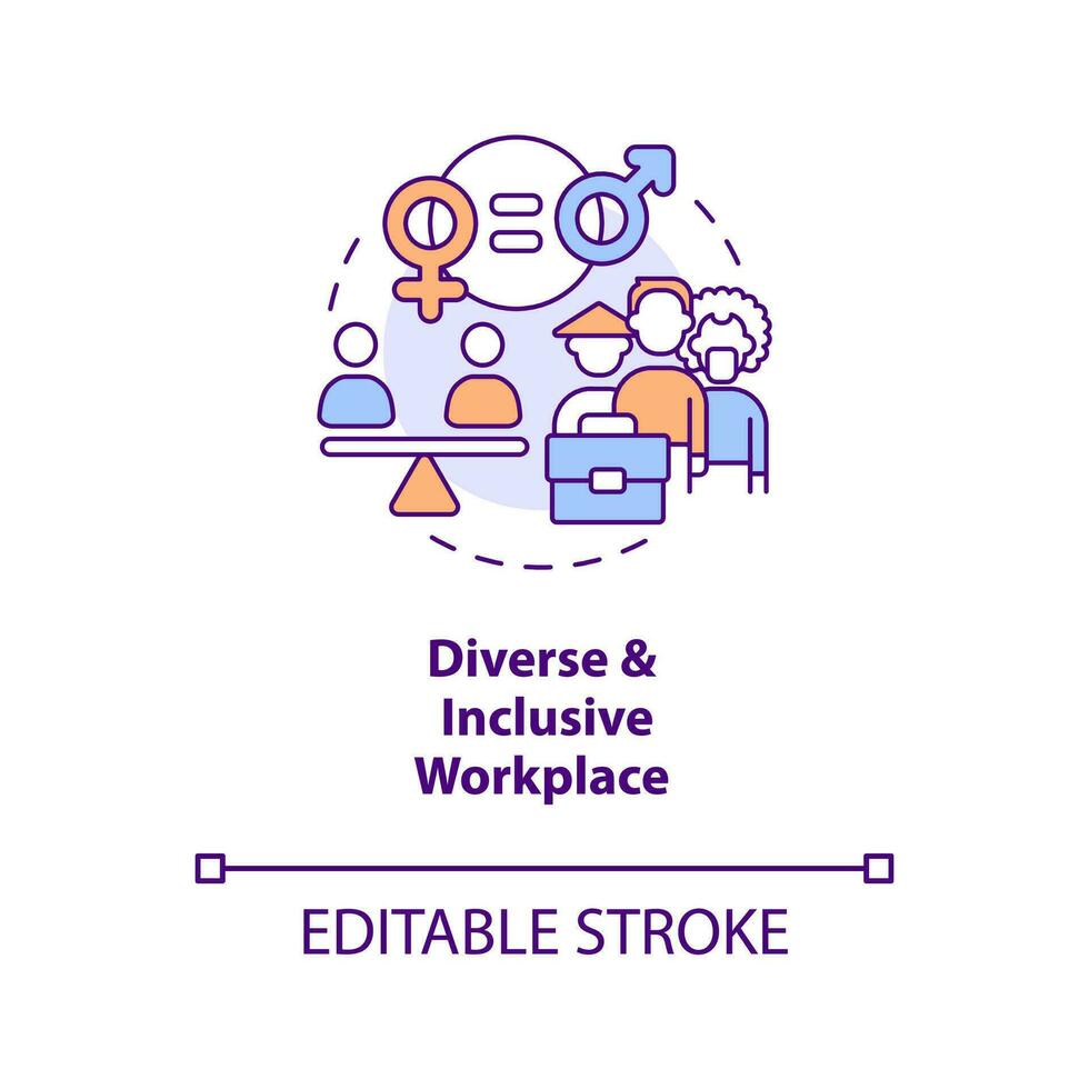 Diverse and inclusive workplace concept icon. Decent working practice abstract idea thin line illustration. Isolated outline drawing. Editable stroke vector