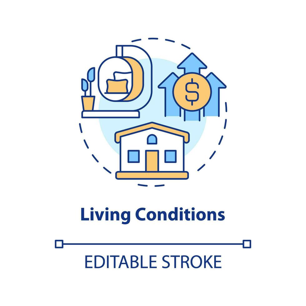 Living conditions concept icon. Wealth level. Pillar of inclusive development index abstract idea thin line illustration. Isolated outline drawing. Editable stroke vector
