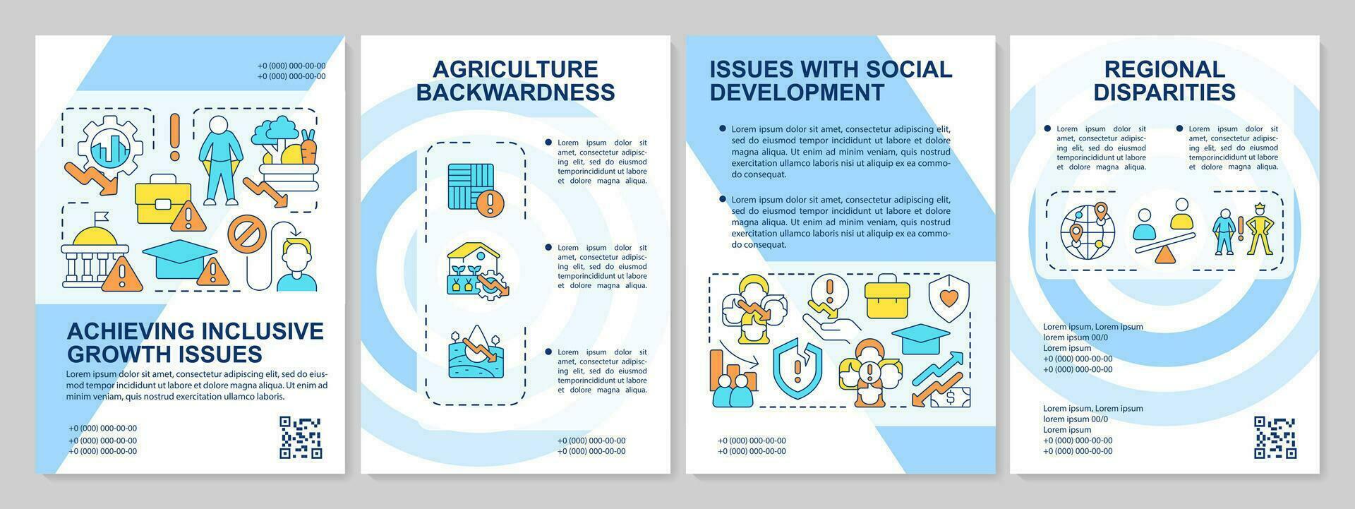 Challenges of inclusive development blue brochure template. Leaflet design with linear icons. Editable 4 vector layouts for presentation, annual reports