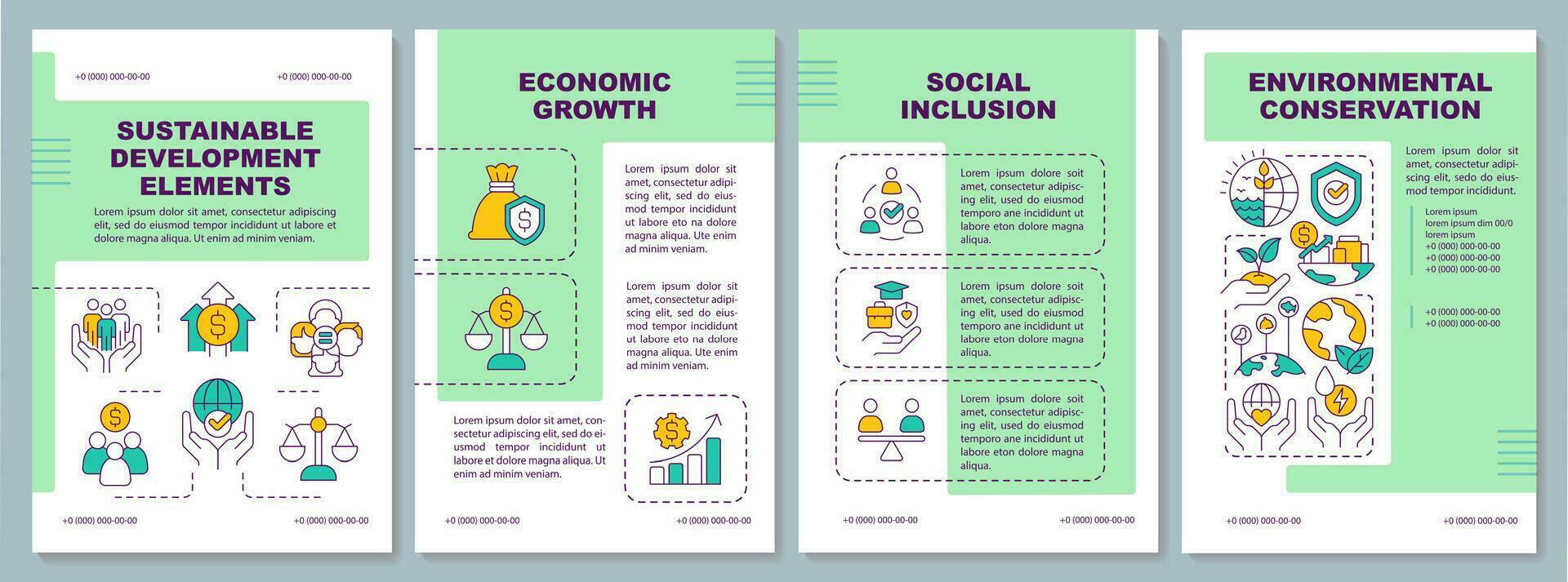 Fundamentals of sustainable development brochure template. Fair economy. Leaflet design with linear icons. Editable 4 vector layouts for presentation, annual reports