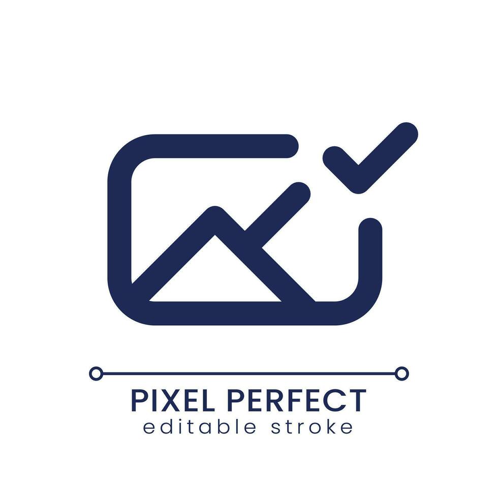 Applied photo file pixel perfect linear ui icon. Editing application. Approved image. Adding content. GUI, UX design. Outline isolated user interface element for app and web. Editable stroke vector