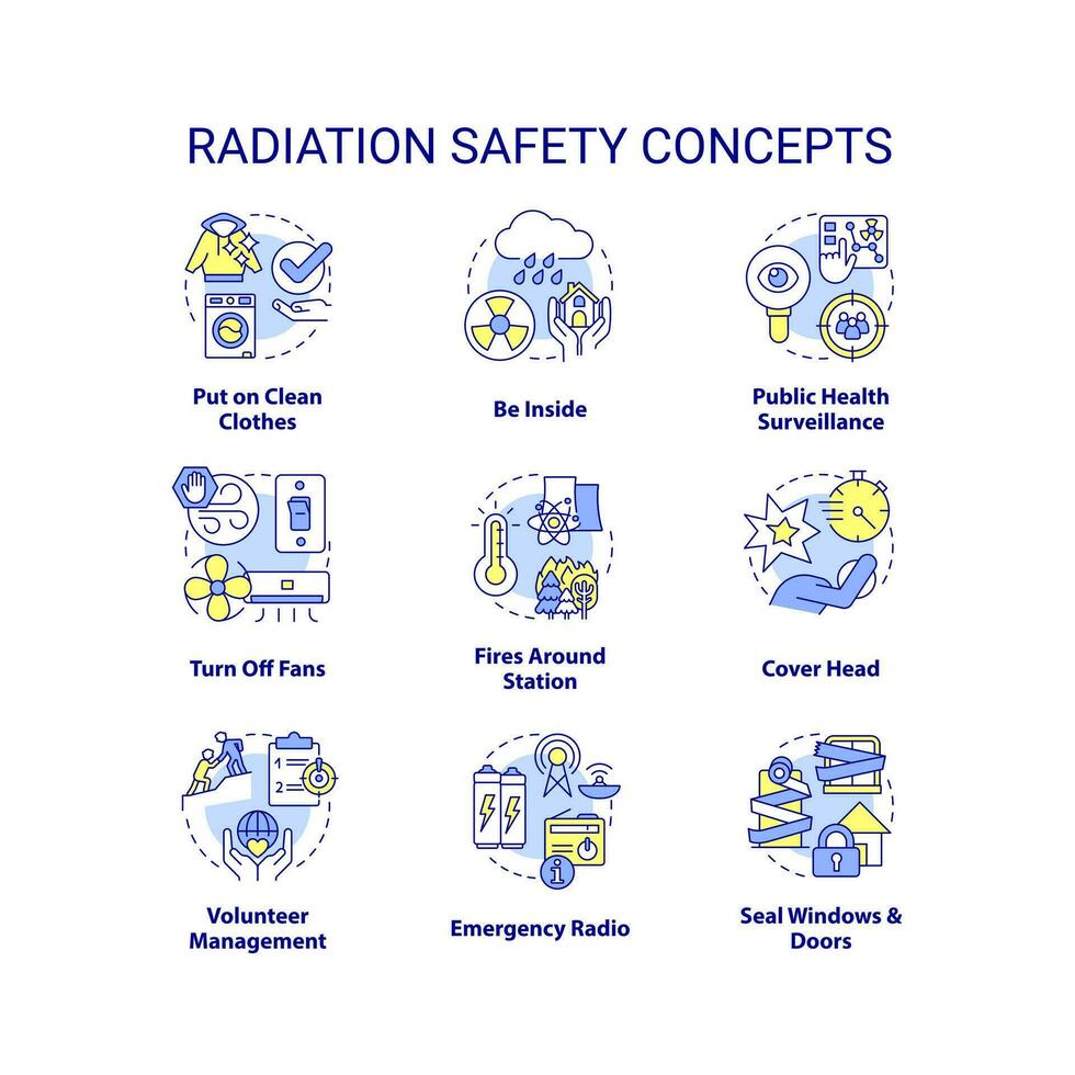 Radiation safety concept icons set. Radioactive contamination surviving idea thin line color illustrations. Isolated symbols. Editable stroke vector