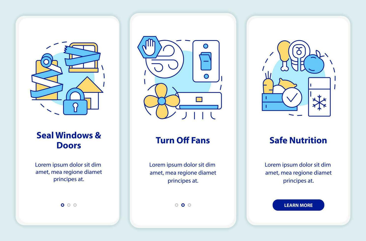 Actions at home during nuclear disaster onboarding mobile app screen. Walkthrough 3 steps editable graphic instructions with linear concepts. UI, UX, GUI templated vector