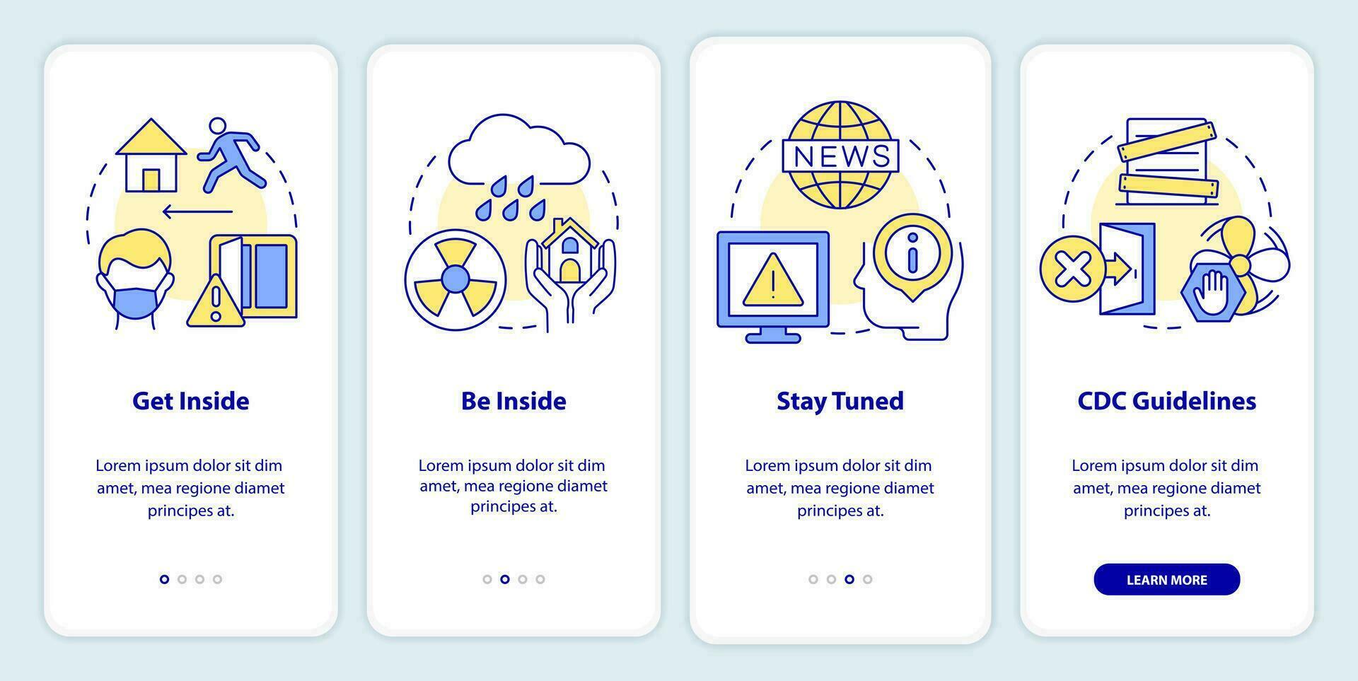 Survive during nuclear explosion onboarding mobile app screen. Safety walkthrough 4 steps editable graphic instructions with linear concepts. UI, UX, GUI templated vector