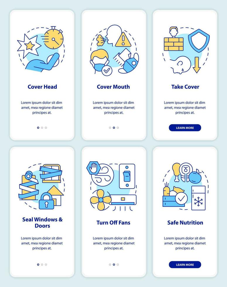 Actions outside and at home onboarding mobile app screen set. Survive walkthrough 3 steps editable graphic instructions with linear concepts. UI, UX, GUI templated vector