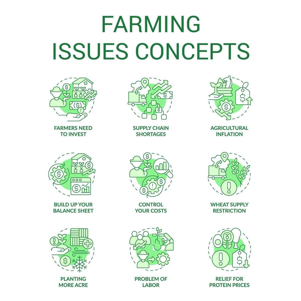 Farming drawbacks concept icons set. Agriculture issue. Problems farmers face idea thin line color illustrations. Isolated symbols. Editable stroke vector