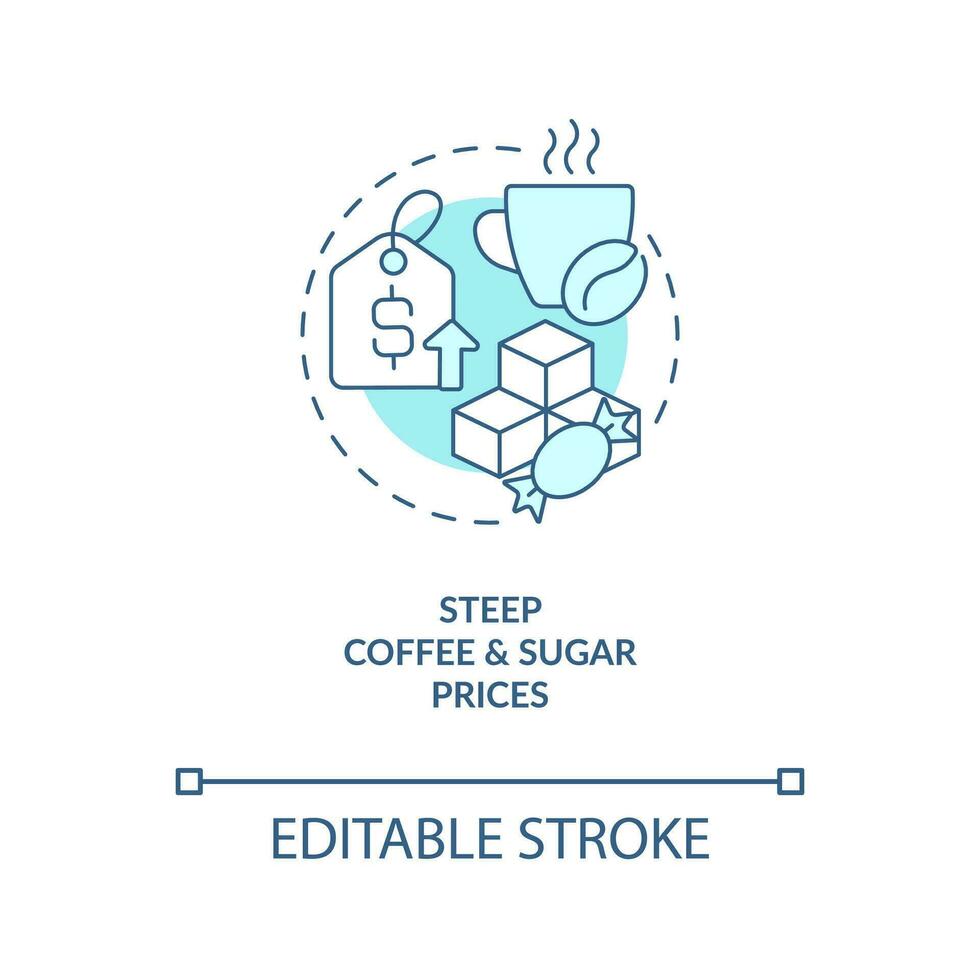 Grow coffee and sugar prices turquoise concept icon. High costs. Food inflation abstract idea thin line illustration. Isolated outline drawing. Editable stroke vector
