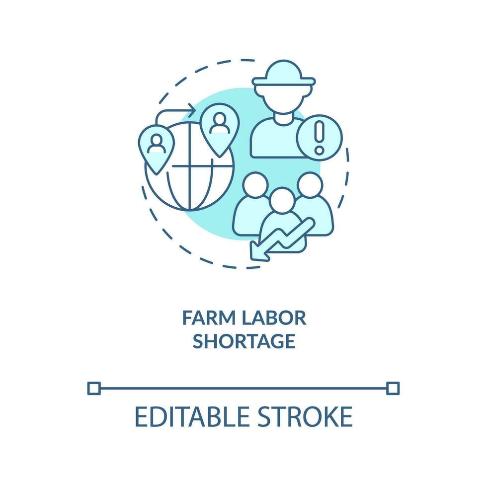 Farm labor deficit turquoise concept icon. Lack of agriculture workforce abstract idea thin line illustration. Isolated outline drawing. Editable stroke vector