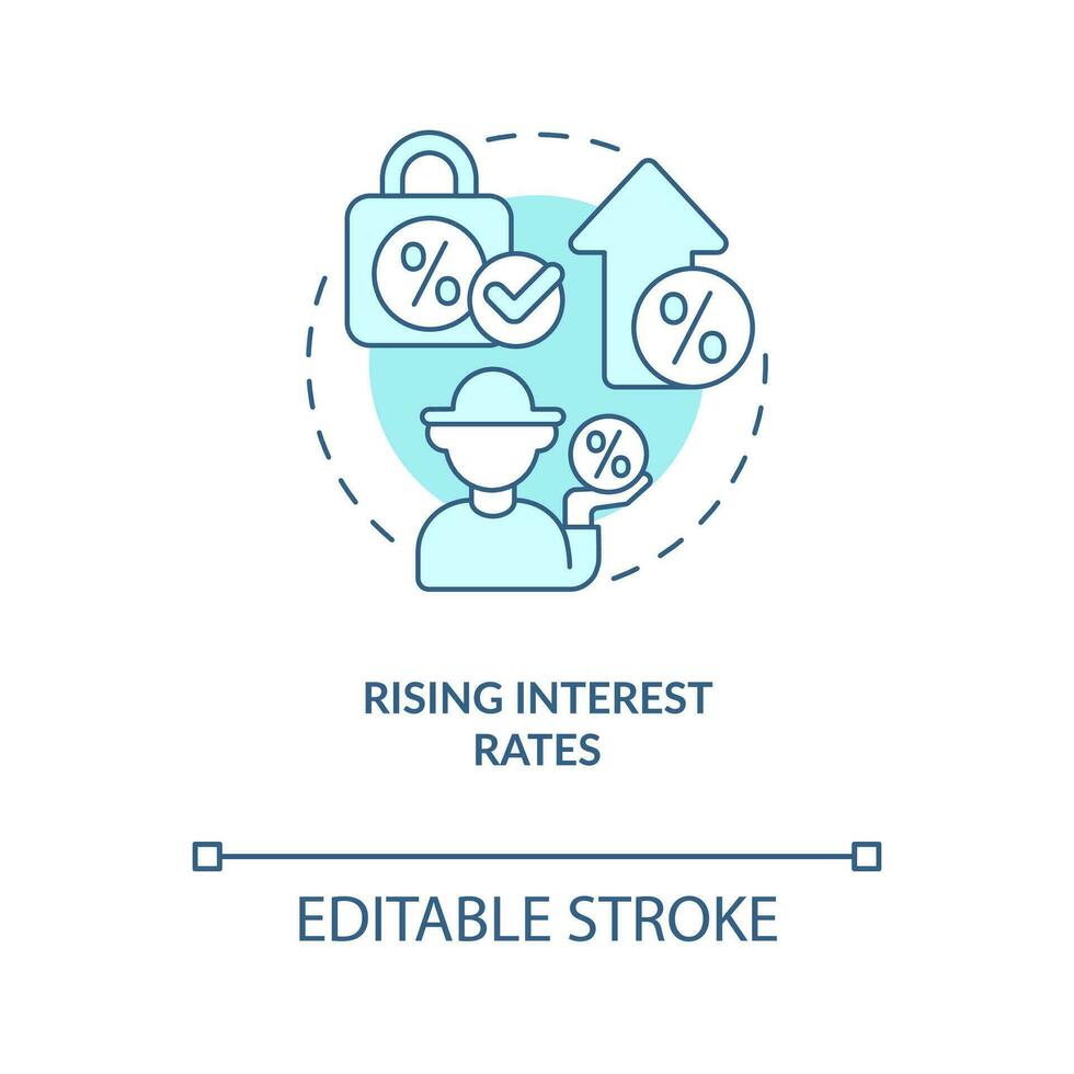 Rising interest rates for farmers turquoise concept icon. Farm lending. Agro business abstract idea thin line illustration. Isolated outline drawing. Editable stroke vector