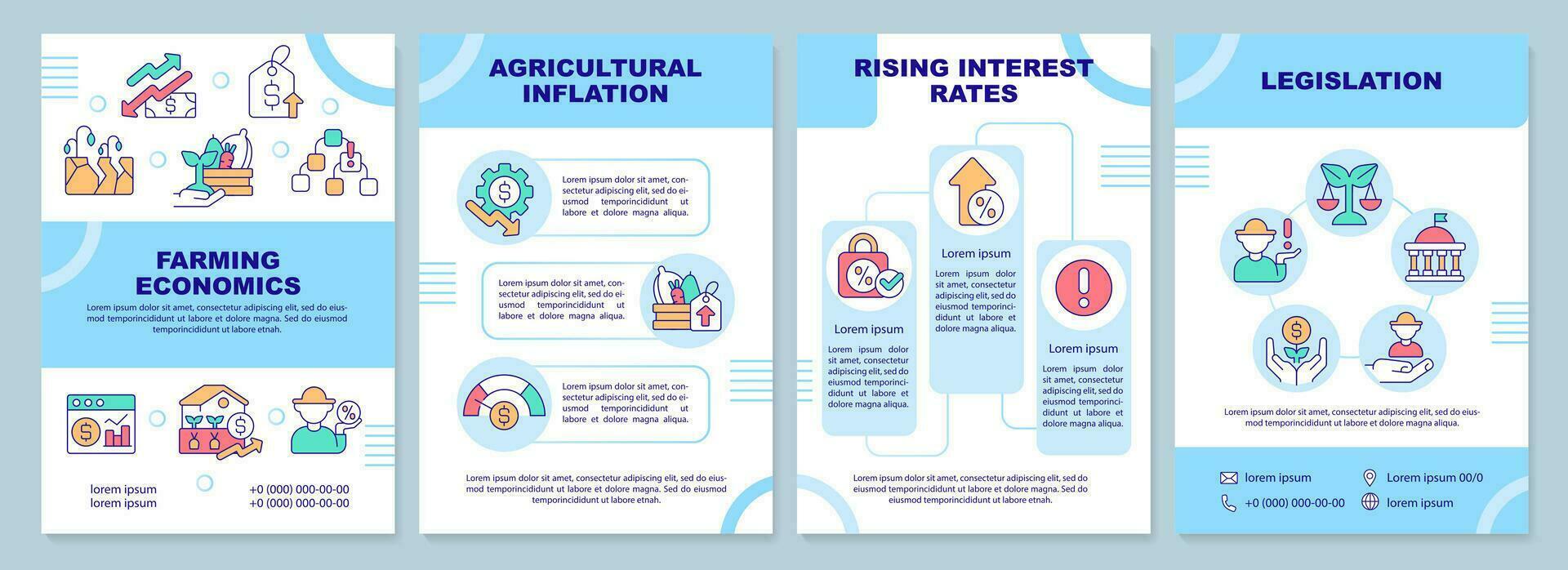 Farming economics turquoise brochure template. Agro management. Leaflet design with linear icons. Editable 4 vector layouts for presentation, annual reports