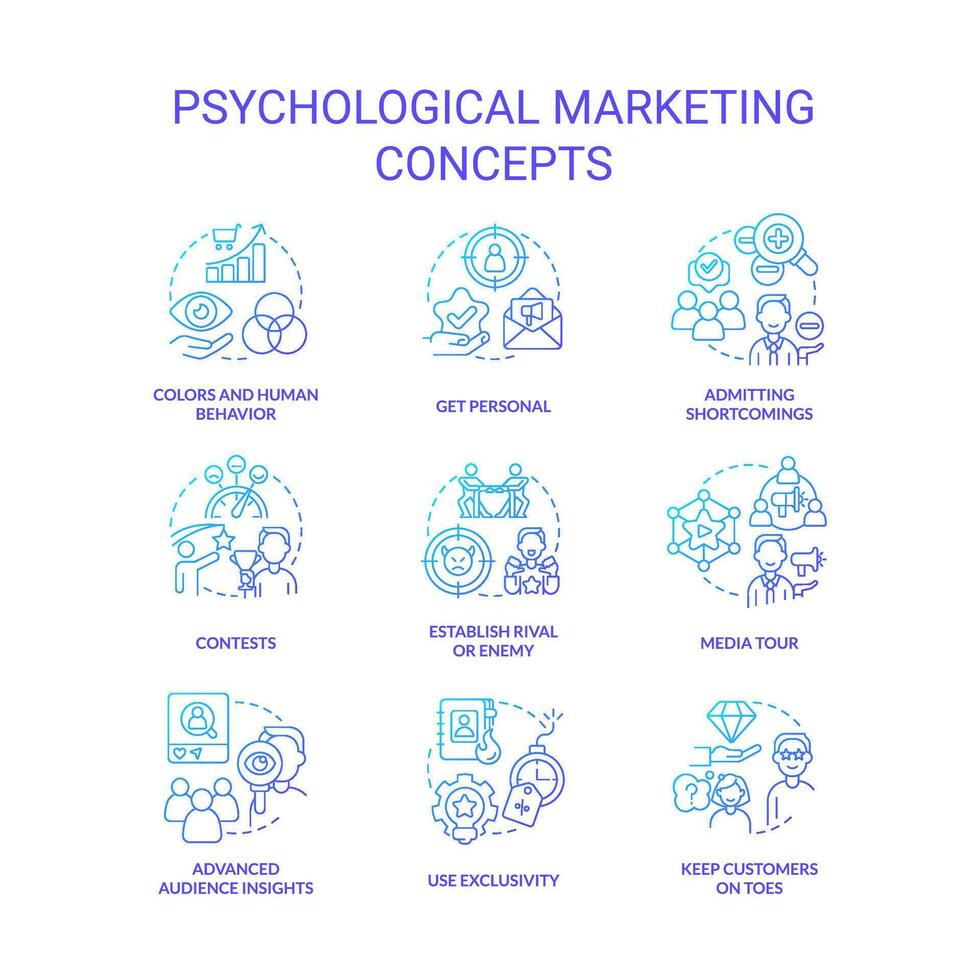 Psychological marketing strategies concept blue gradient icons set. Consumers retention idea thin line color illustrations. Isolated symbols vector