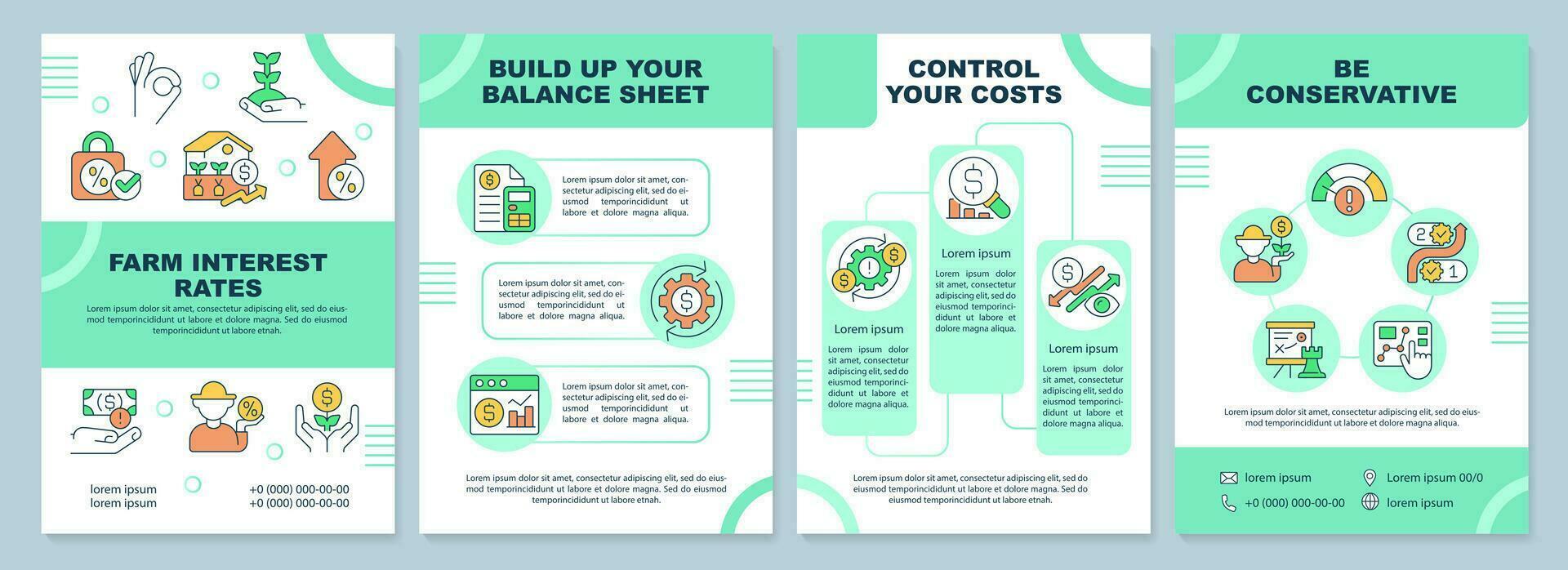 Farm interest rates green brochure template. Agro management. Leaflet design with linear icons. Editable 4 vector layouts for presentation, annual reports