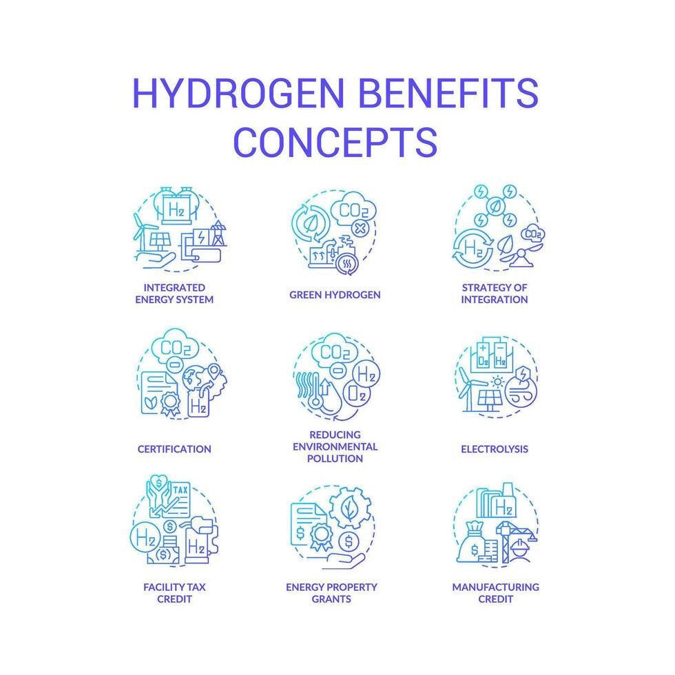 Hydrogen benefits blue gradient concept icons set. Alternative energy. Green fuel advantages abstract idea thin line color illustrations. Isolated symbols vector