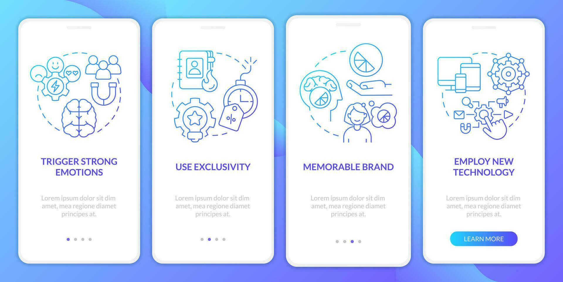 Clients emotions management blue gradient onboarding mobile app screen. Walkthrough 4 steps graphic instructions with linear concepts. UI, UX, GUI templated vector