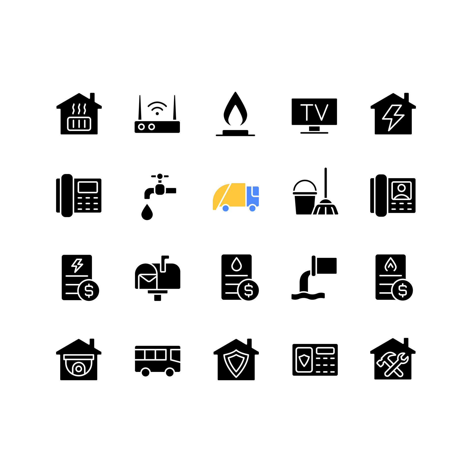 Public utilities black glyph icons set on white space. Water, gas and