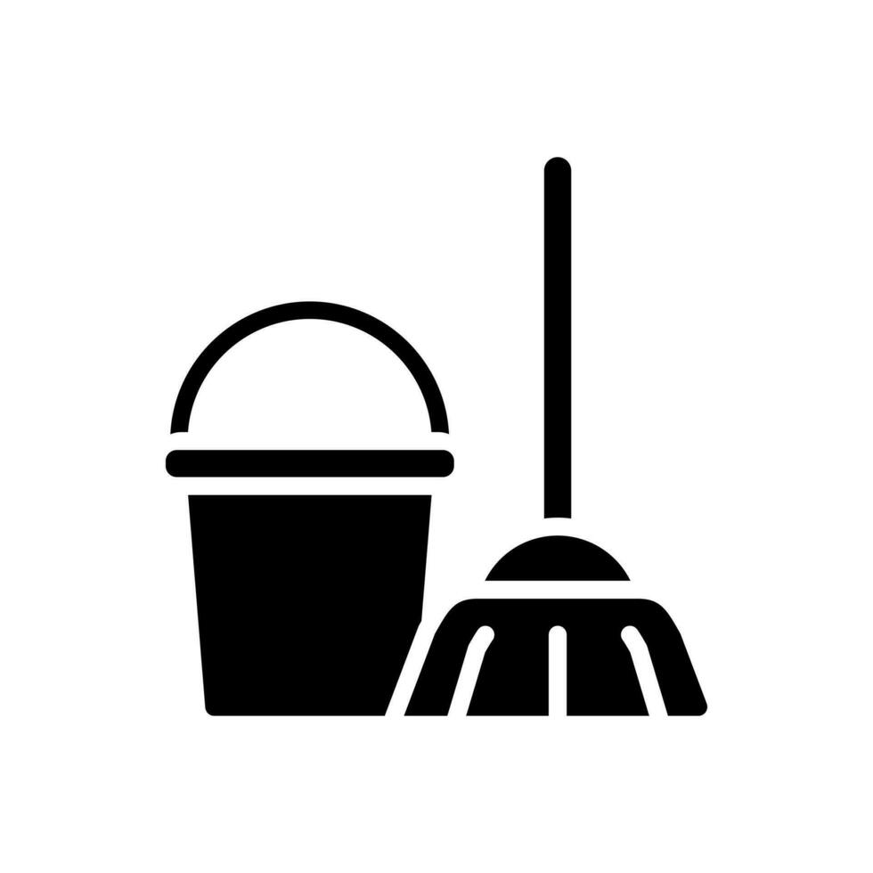 Sanitation services black glyph icon. Housekeeping. Cleaning equipment. Mop and bucket. Utility service. Silhouette symbol on white space. Solid pictogram. Vector isolated illustration