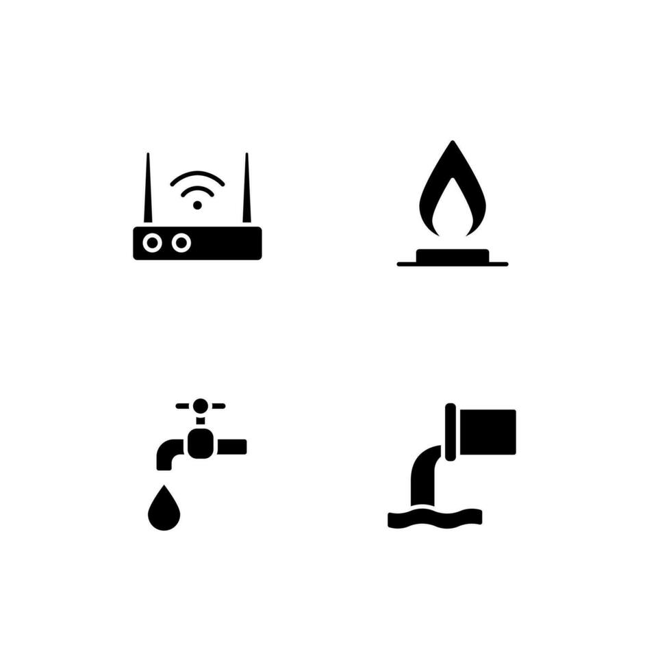 Home services black glyph icons set on white space. Internet connection. Gas and water supply. Sewage system. Silhouette symbols. Solid pictogram pack. Vector isolated illustration