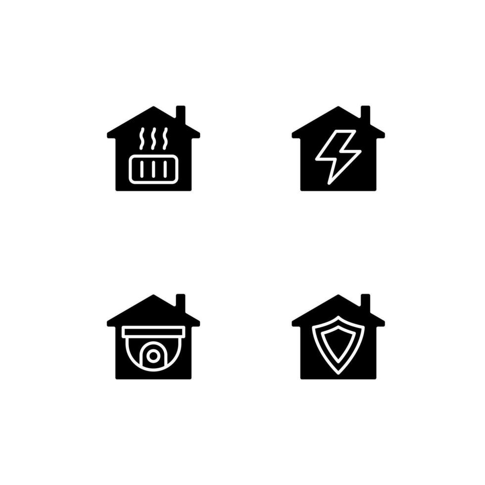Domestic services black glyph icons set on white space. Heating system for home. Electricity supply. Security system. Silhouette symbols. Solid pictogram pack. Vector isolated illustration