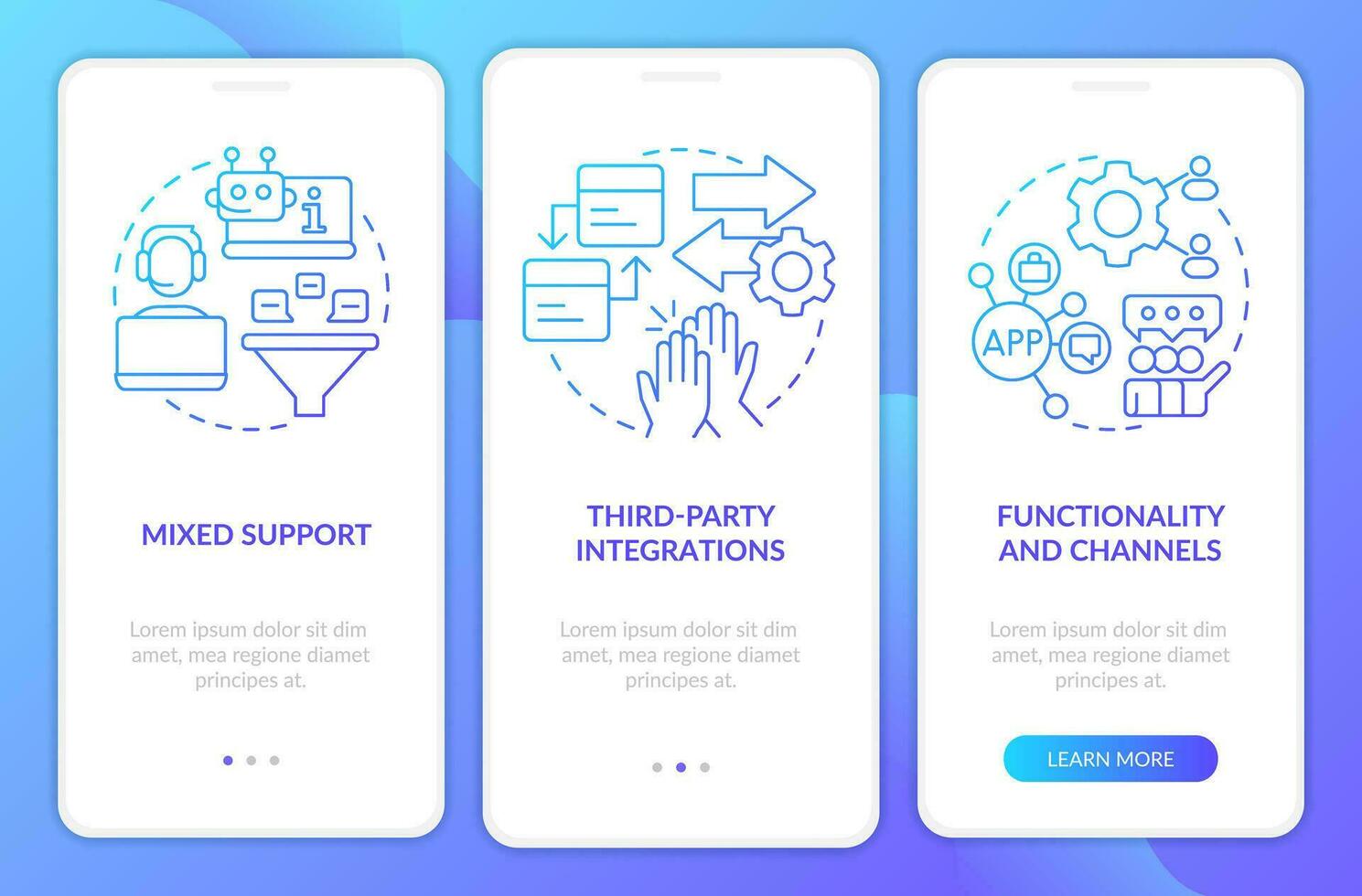 Clients engagement platform features blue gradient onboarding mobile app screen. Walkthrough 3 steps graphic instructions with linear concept. UI, UX, GUI templated vector