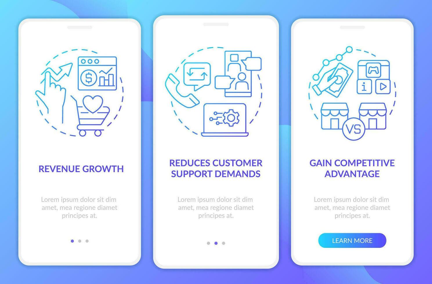 Customer engagement platform importance blue gradient onboarding mobile app screen. Walkthrough 3 steps instructions with linear concepts. UI, UX, GUI templated vector