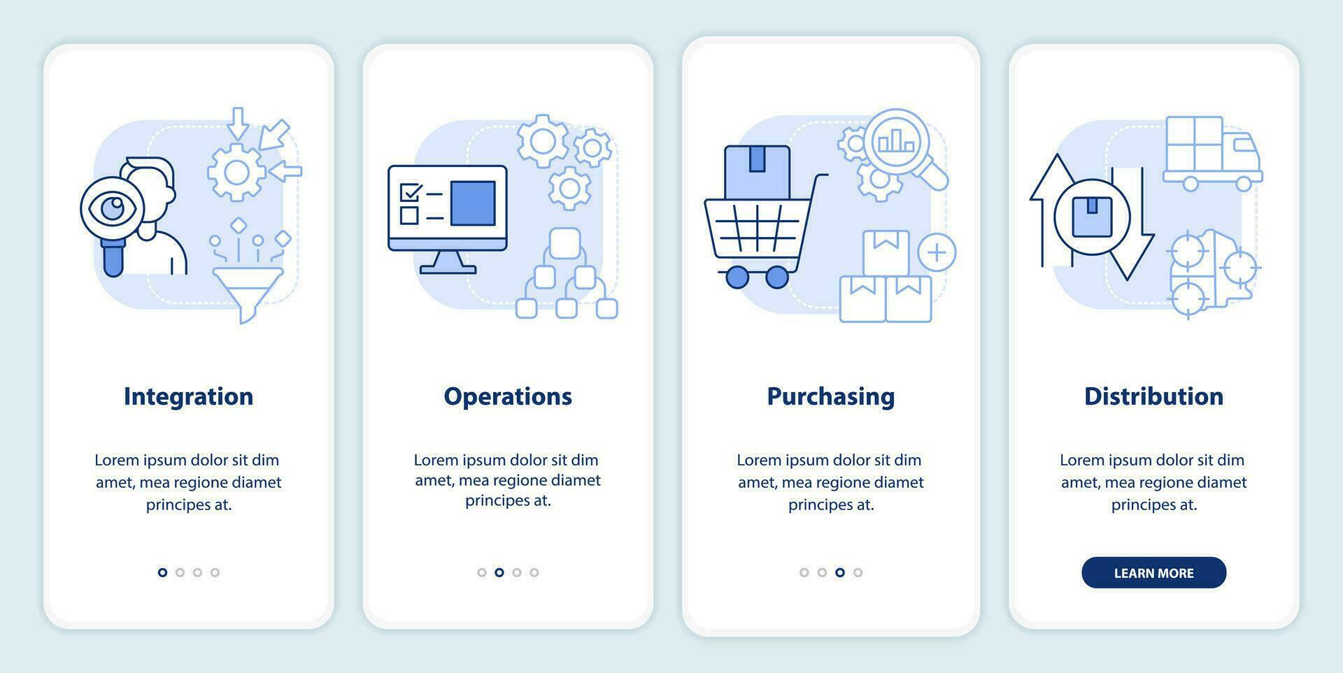 Elements of SCM light blue onboarding mobile app screen. Walkthrough 4 steps editable graphic instructions with linear concepts. UI, UX, GUI templated vector