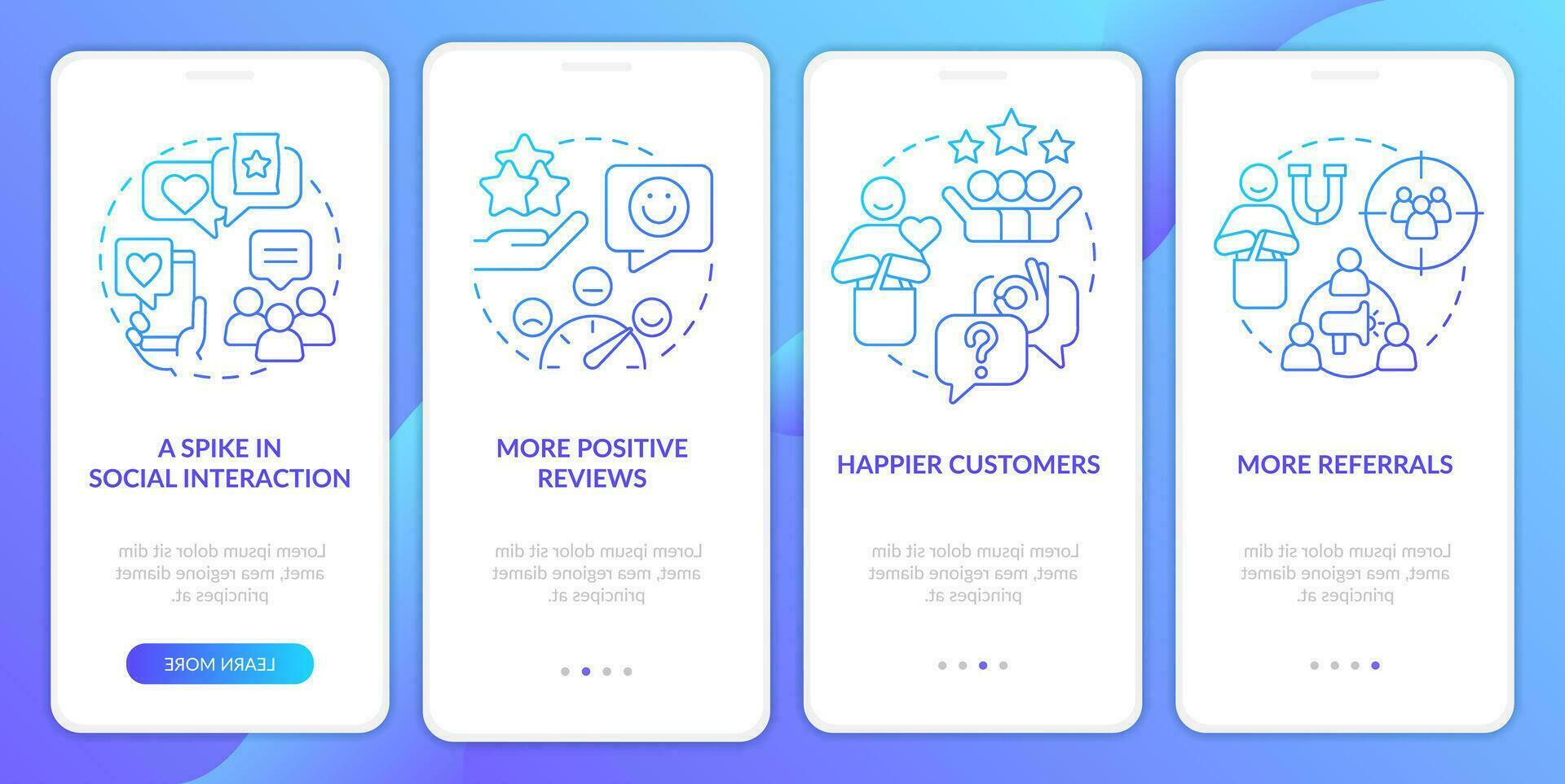 Tracking customer engagement blue gradient onboarding mobile app screen. Walkthrough 4 steps graphic instructions with linear concepts. UI, UX, GUI templated vector