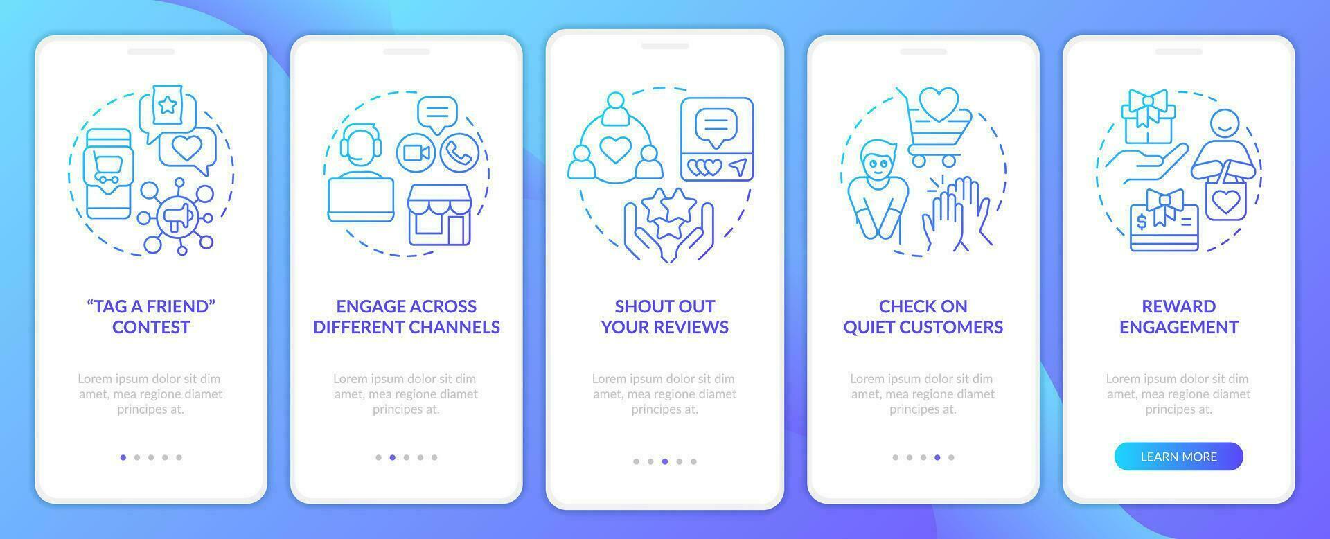 Customer engagement strategies blue gradient onboarding mobile app screen. Walkthrough 5 steps graphic instructions with linear concepts. UI, UX, GUI templated vector