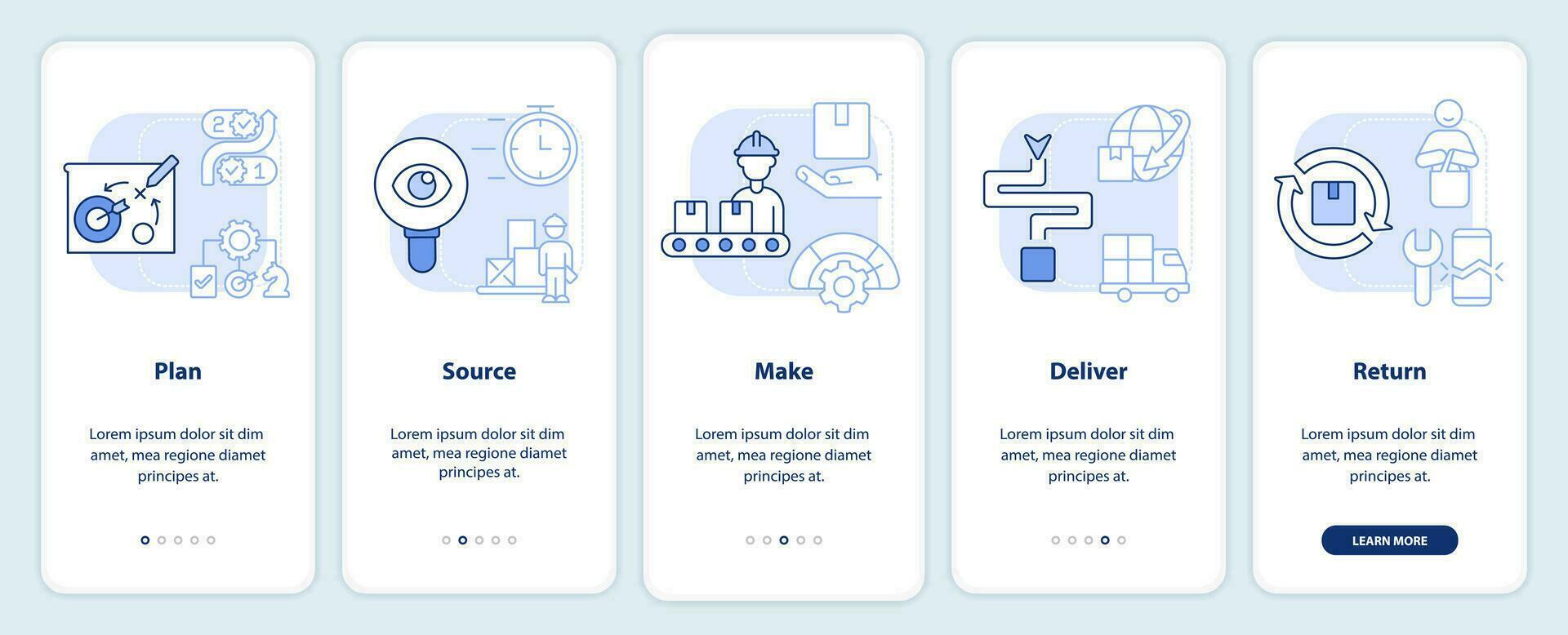 Supply chain management parts light blue onboarding mobile app screen. Walkthrough 5 steps editable graphic instructions with linear concepts. UI, UX, GUI templated vector