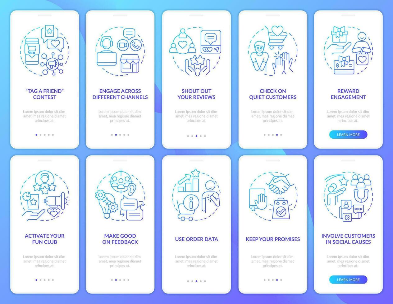 digital cliente compromiso azul degradado inducción móvil aplicación pantalla colocar. recorrido 5 5 pasos gráfico instrucciones con lineal conceptos. ui, ux, gui plantilla vector