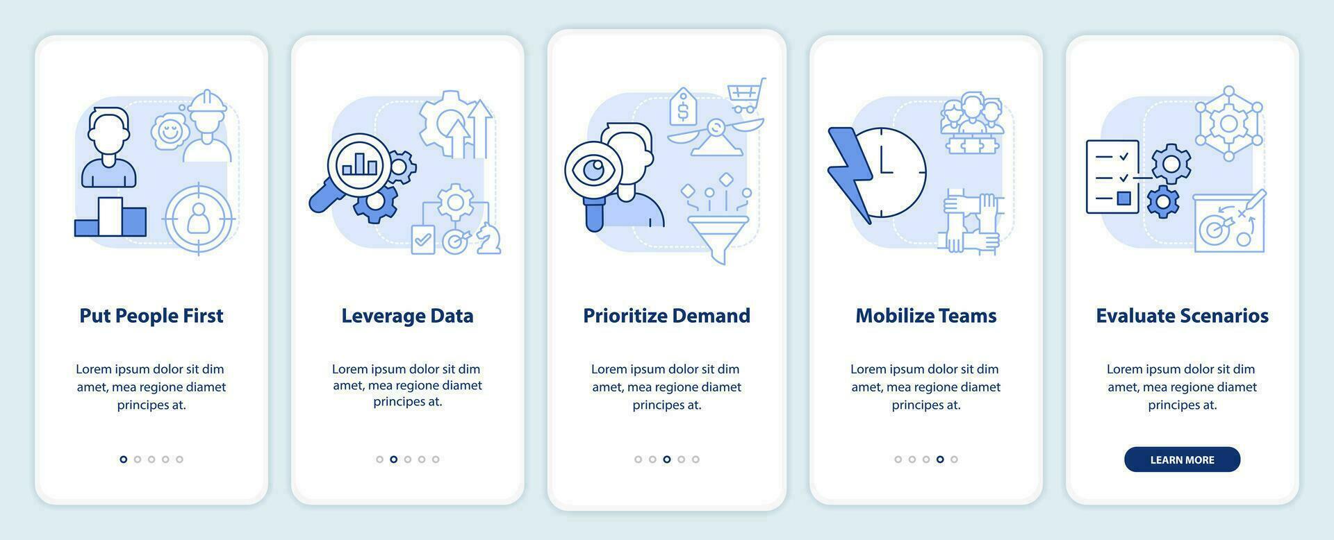 Supply chain priorities light blue onboarding mobile app screen. Walkthrough 5 steps editable graphic instructions with linear concepts. UI, UX, GUI templated vector