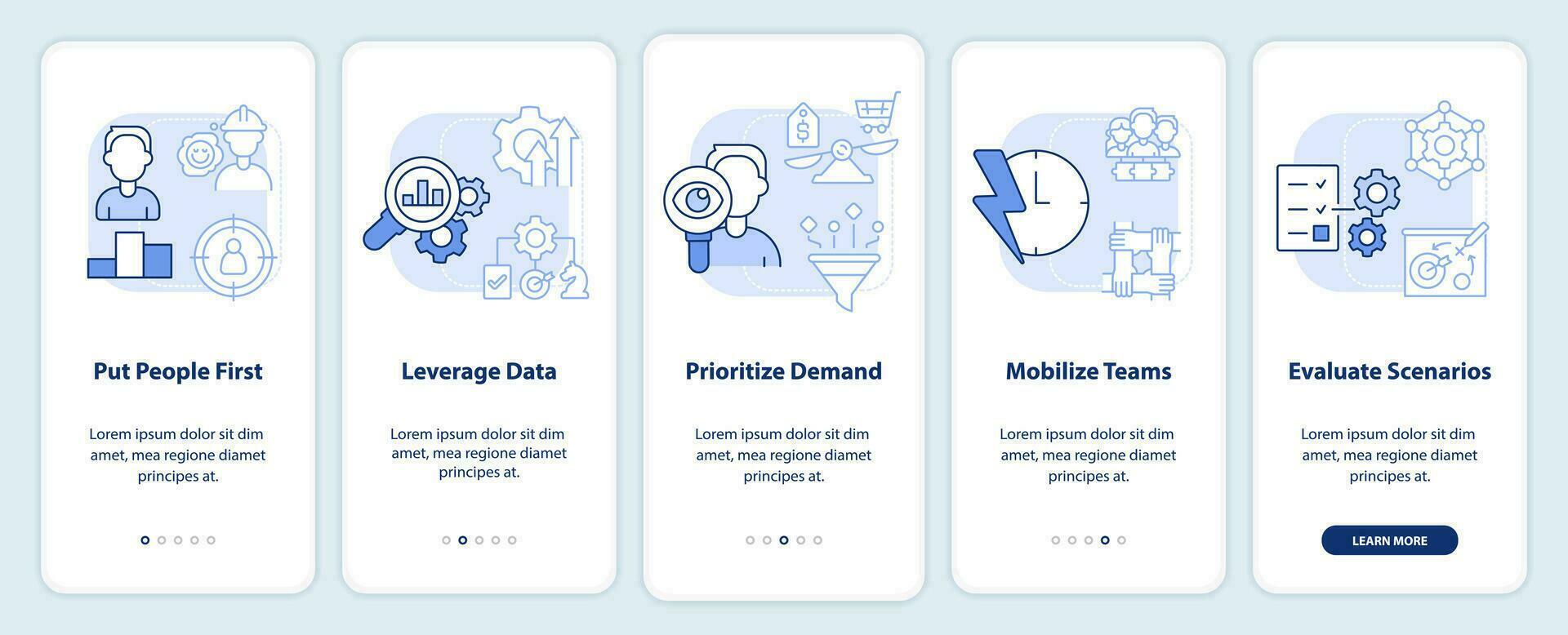 suministro cadena prioridades ligero azul inducción móvil aplicación pantalla. recorrido 5 5 pasos editable gráfico instrucciones con lineal conceptos. ui, ux, gui plantilla vector