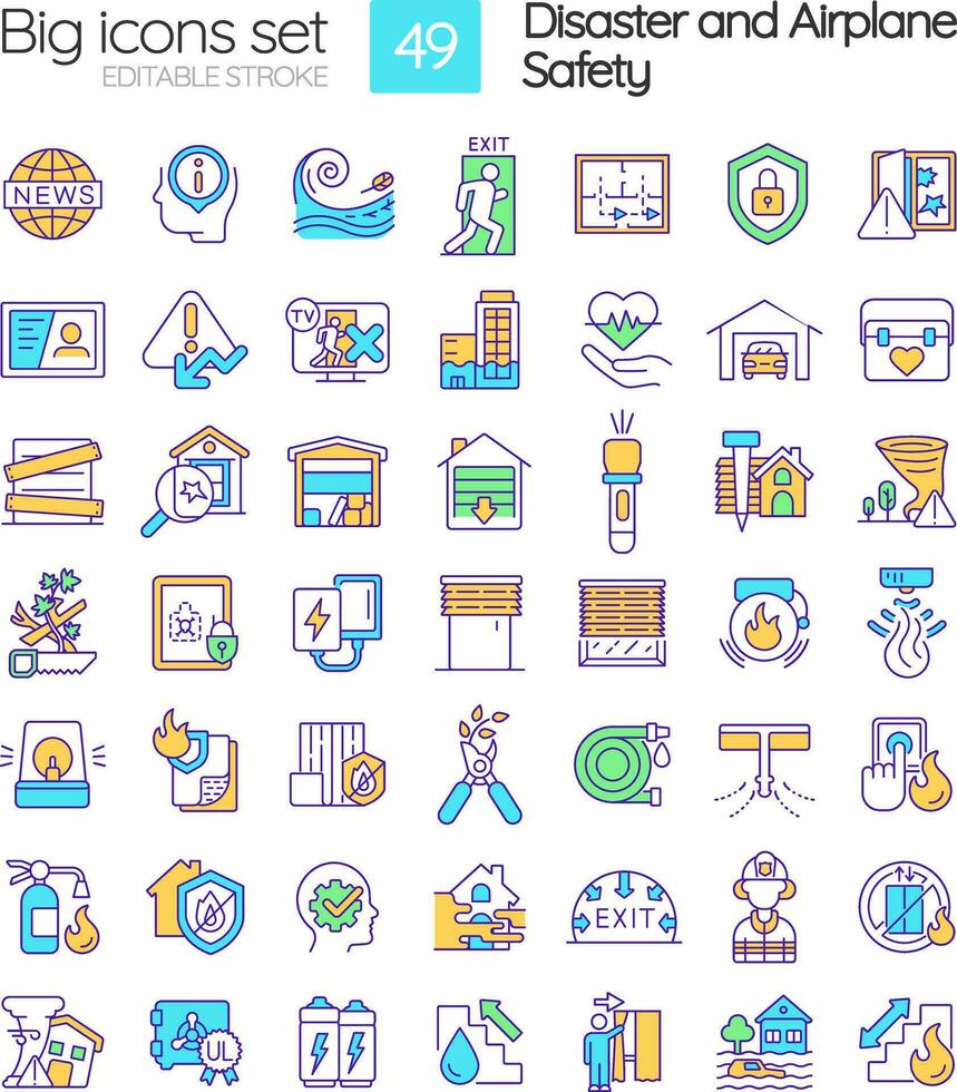 Disaster and airplane safety RGB color icons set. House protection. Safety measures. Isolated vector illustrations. Simple filled line drawings collection. Editable stroke